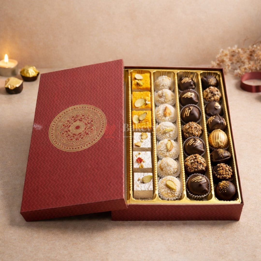 Premium rigid gift box with decorative lid
Gold tray partitions for neat arrangement
Suitable for chocolates, mithai, truffles, and dry fruits
Strong structure and premium finish
Perfect for festive and luxury gifting