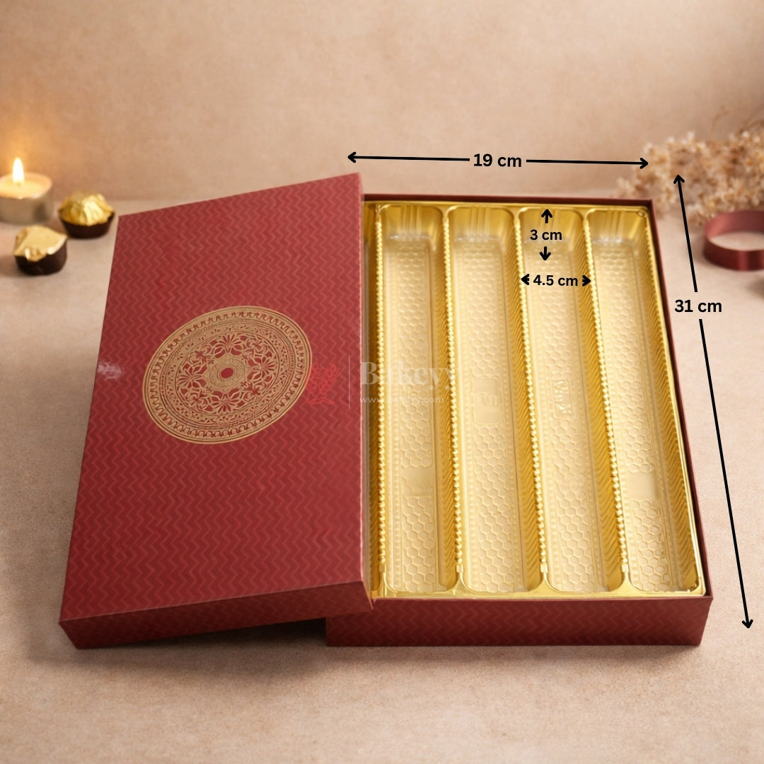 Premium rigid gift box with decorative lid
Gold tray partitions for neat arrangement
Suitable for chocolates, mithai, truffles, and dry fruits
Strong structure and premium finish
Perfect for festive and luxury gifting