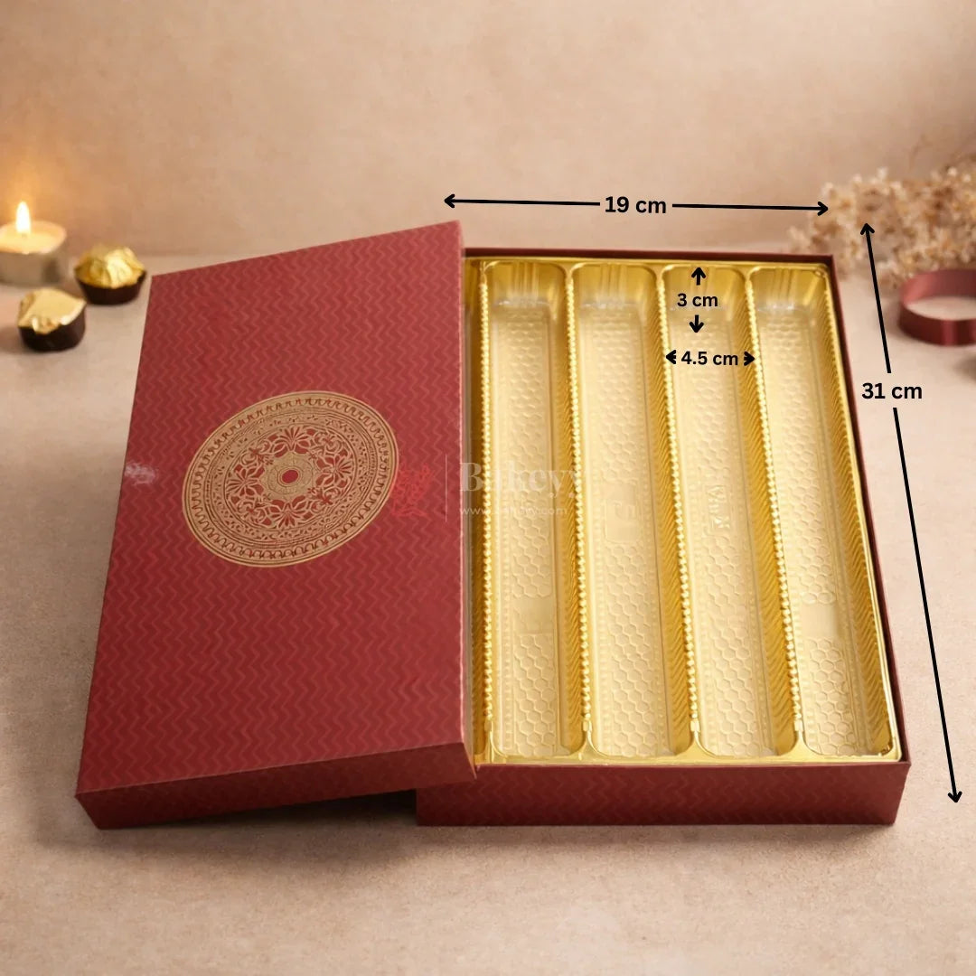 Premium rigid gift box with decorative lid
Gold tray partitions for neat arrangement
Suitable for chocolates, mithai, truffles, and dry fruits
Strong structure and premium finish
Perfect for festive and luxury gifting