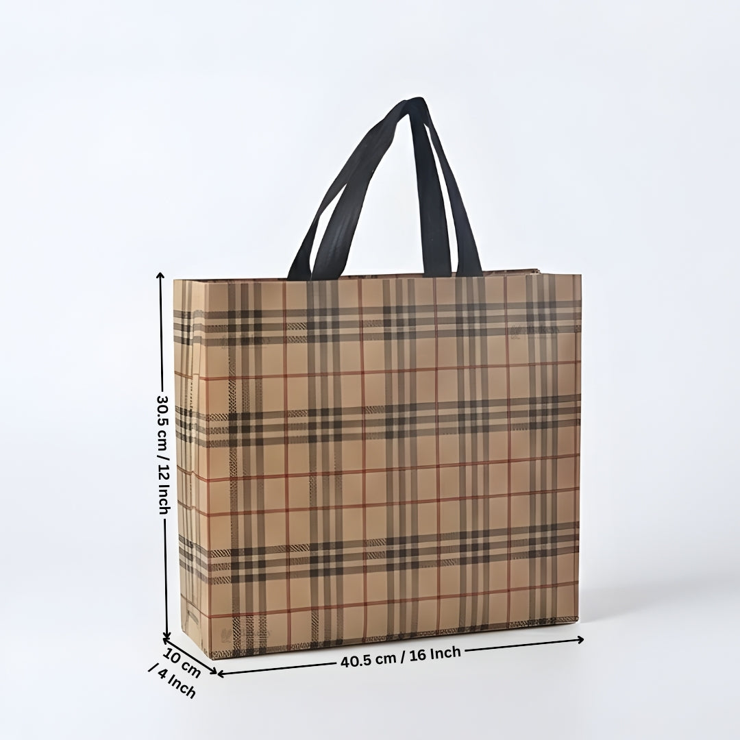 Premium Checkered Laminated Carry Bags | Beige & Tan Plaid 2 Design Design Option | 3 Size Options | Pack of 50