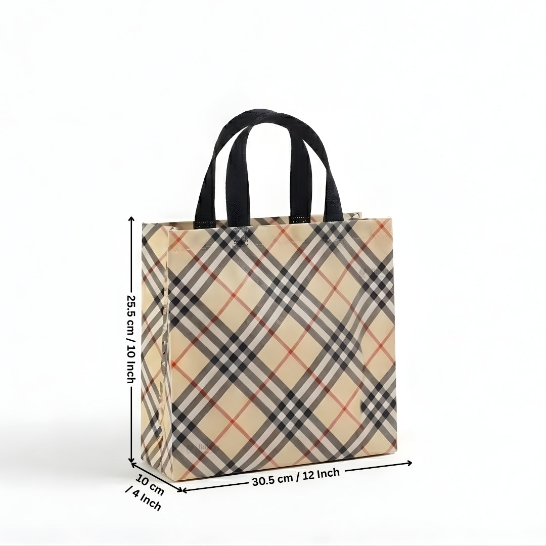 Premium Checkered Laminated Carry Bags | Beige & Tan Plaid 2 Design Design Option | 3 Size Options | Pack of 50