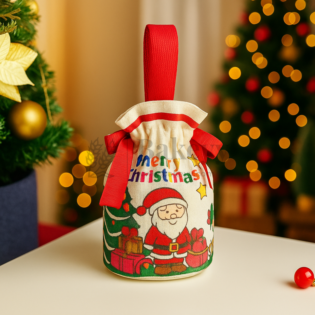 Decorative Christmas bag with Santa Claus design and 'Merry Christmas' text, set against a festive background.