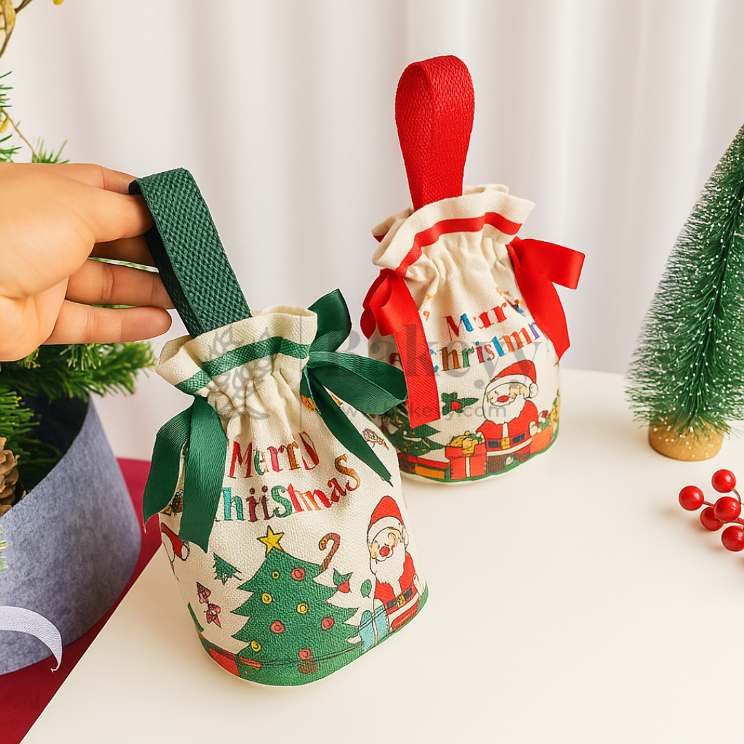 Two Christmas-themed gift bags with Santa Claus and festive designs on a white surface.