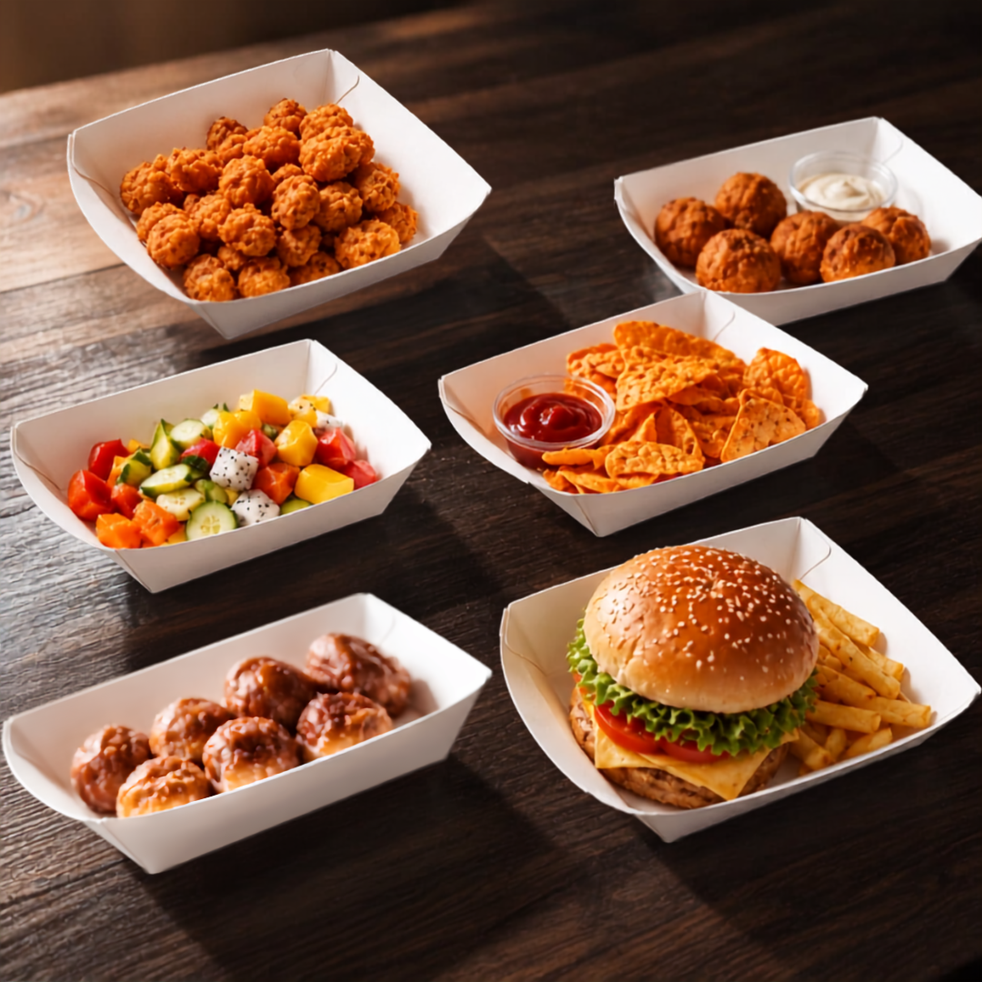 Assorted fast food items including chicken nuggets, salad, chips, and a burger in white containers on a wooden table.
