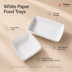 White paper food trays with features on a beige background, featuring the Bakeyy brand.