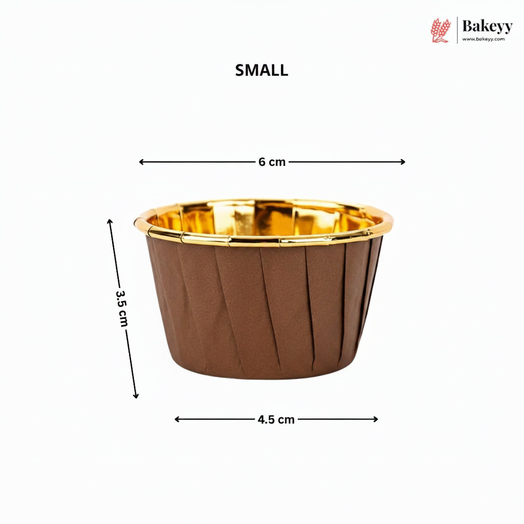 Brown cupcake liner with gold rim and measurements on a white background, featuring the Bakey brand.
