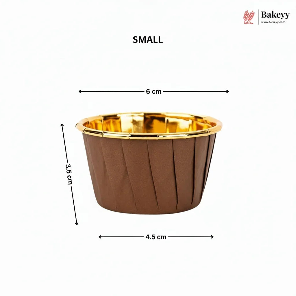 Brown cupcake liner with gold rim and measurements on a white background, featuring the Bakey brand.