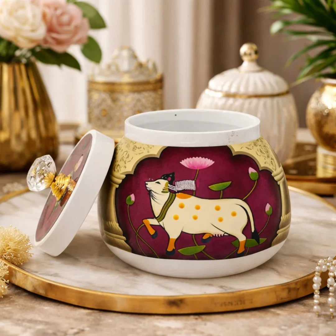 Premium Metal Storage Jar | Cow & Lotus Design | Metal Storage Jar with Decorative Knob Lid