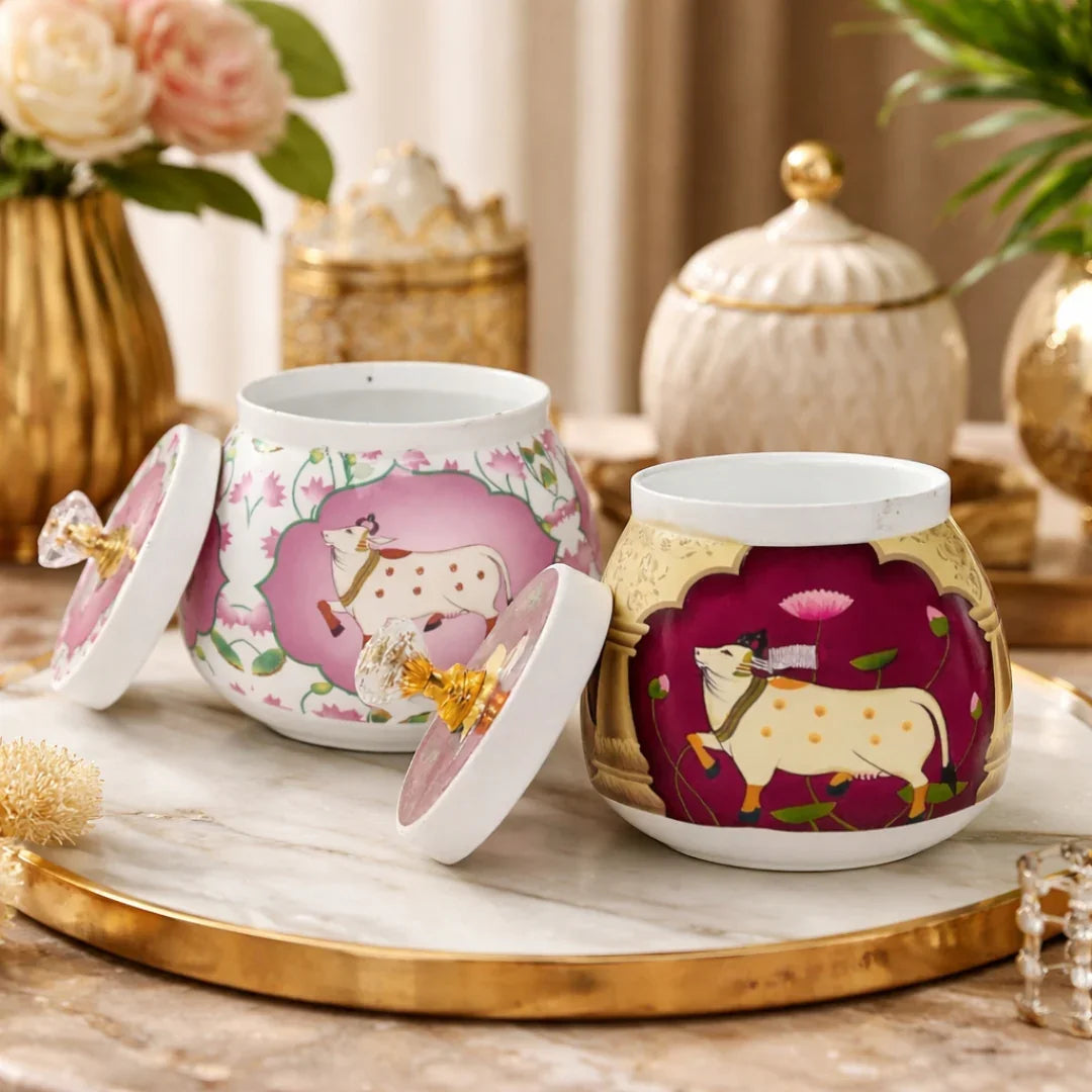 Premium Metal Storage Jar | Cow & Lotus Design | Metal Storage Jar with Decorative Knob Lid