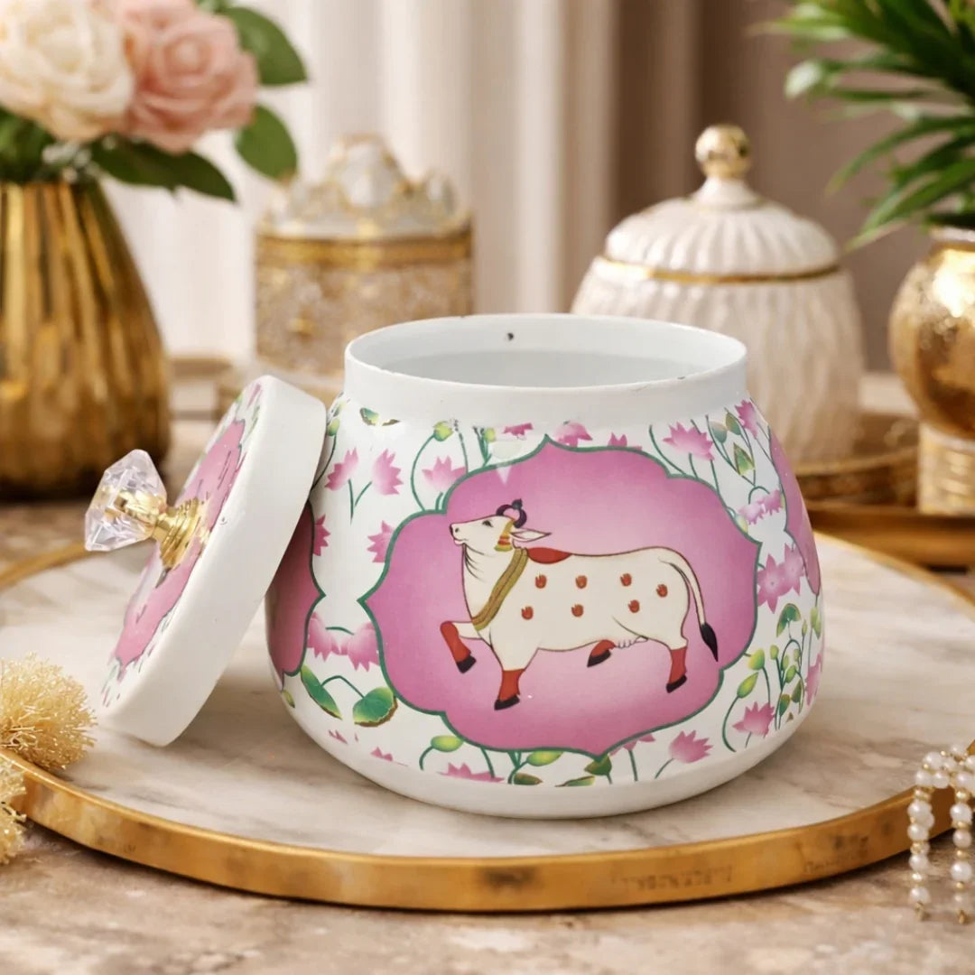 Premium Metal Storage Jar | Cow & Lotus Design | Metal Storage Jar with Decorative Knob Lid