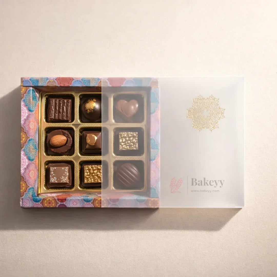 Premium_Printed_Chocolate_Box_with_Sliding_Frosted_Sleeve_9_Cavity_Gold_Tray_Pack_of_10_1 - Bakeyy.com