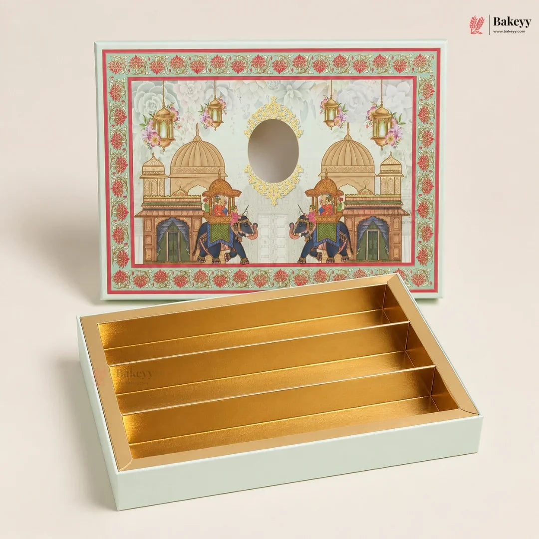 An elegant rectangular gift box set from Bakeey, featuring a lid with a detailed traditional Indian illustration of elephants and domes, and an open box with a gold interior and five compartments.
