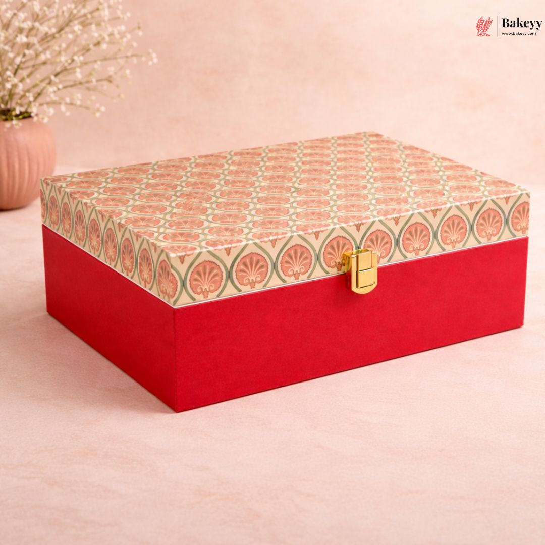 Premium Rectangle hamper Box | Red Floral Royal Finish | Gold Details
