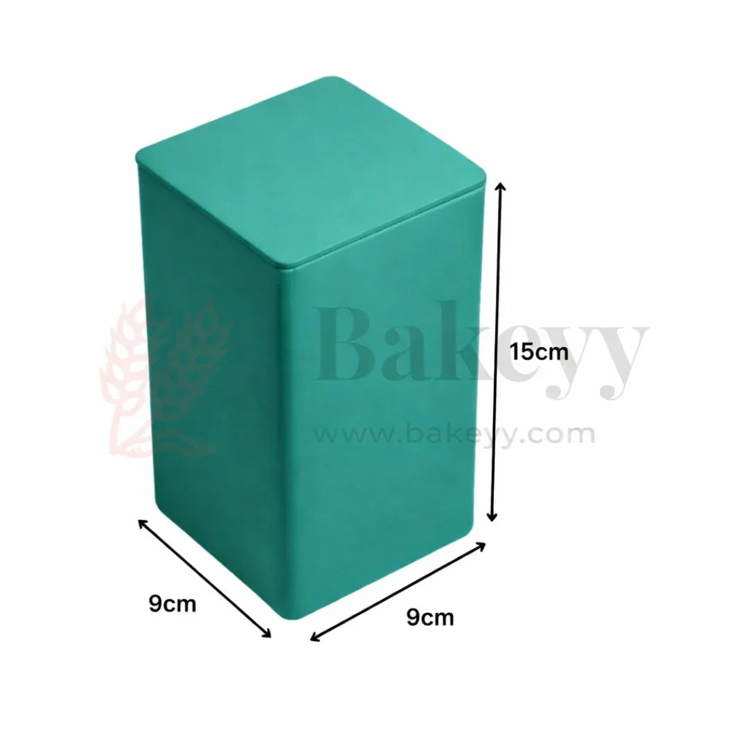 Premium 9x9x15cm green tin box for baking supplies and gift packaging from Bakeyy.com
