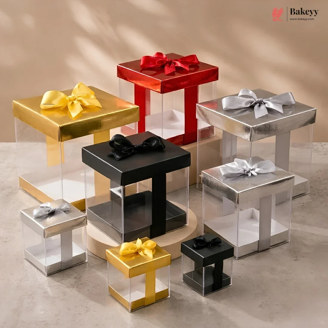 Collection of transparent gift boxes with colorful bows on a neutral background, featuring the Bakey brand.