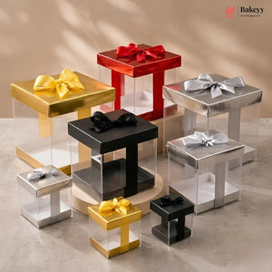 Collection of transparent gift boxes with colorful bows on a neutral background, featuring the Bakey brand.