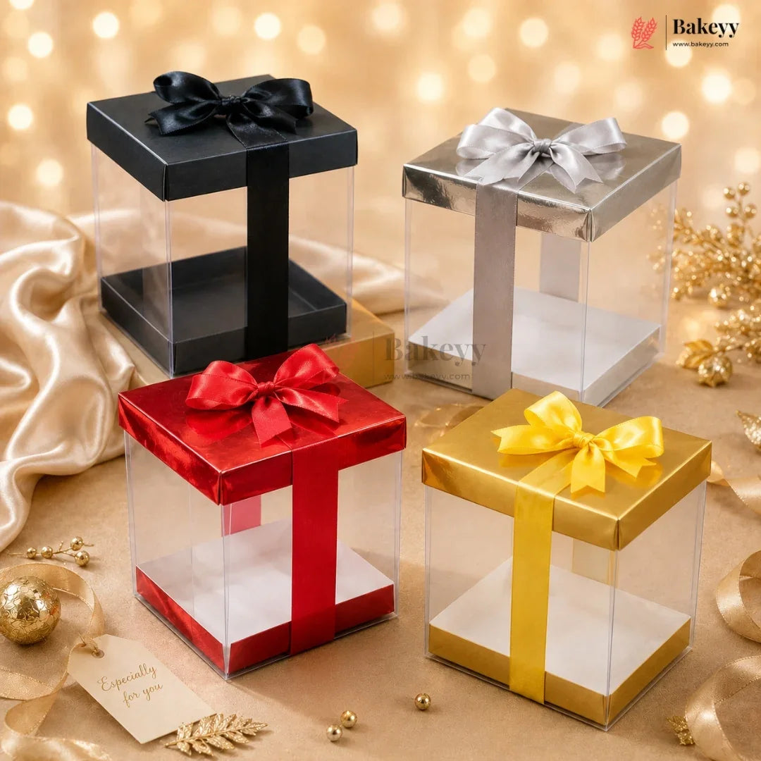 Four transparent gift boxes with colorful bows on a festive background, featuring the Bakey brand.