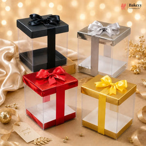 Four transparent gift boxes with colorful bows on a festive background, featuring the Bakey brand.
