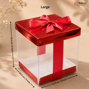 Red gift box with a bow and measurements on a beige background