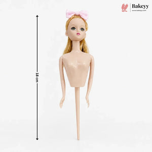 Mannequin with blonde hair and a pink bow, labeled with dimensions and the brand 'Bakeyy'.