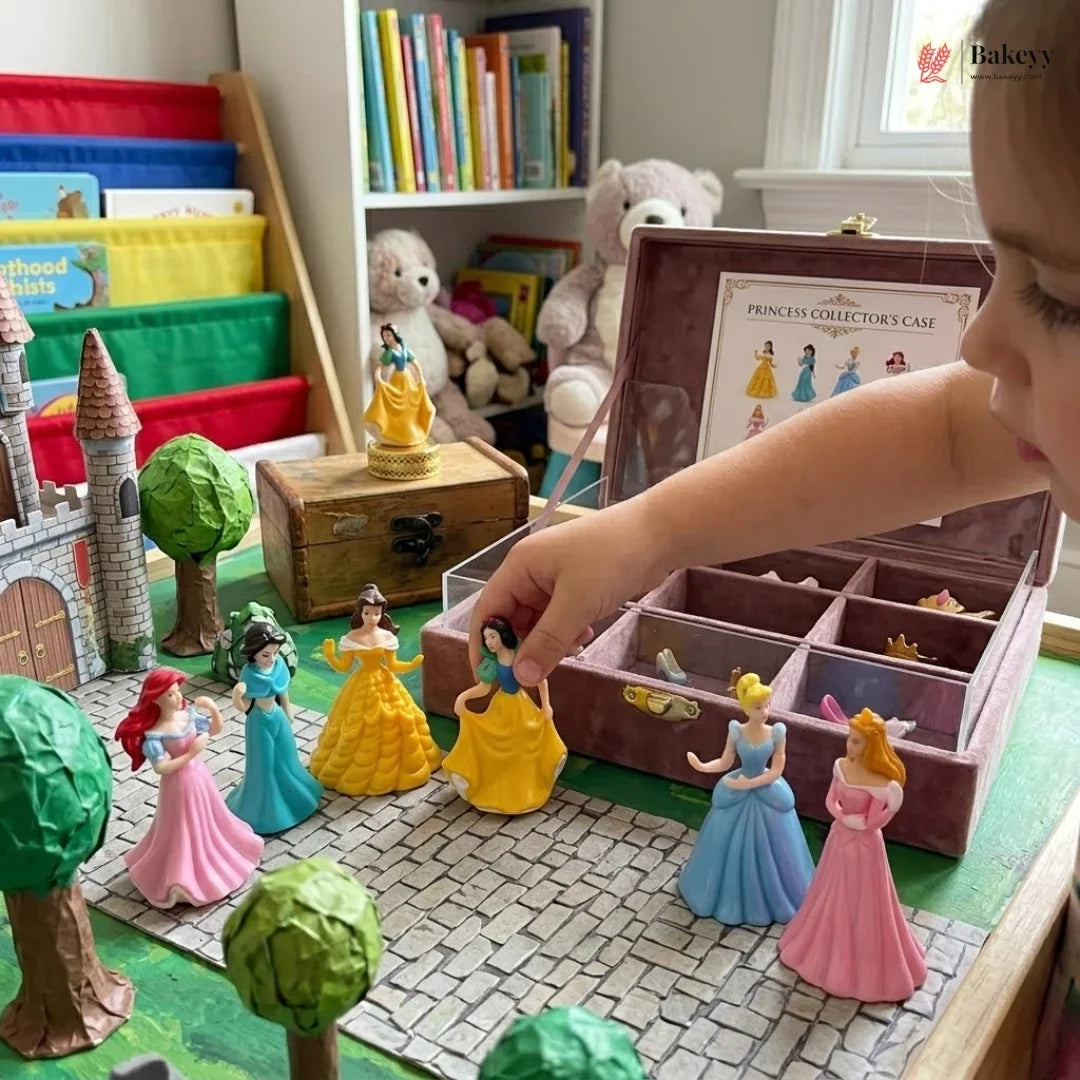 Child playing with princess figurines and a toy castle in a room filled with books and toys.