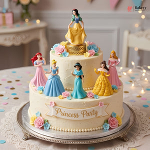 Cake with princess figurines and 'Princess Party' decoration on a decorative stand.