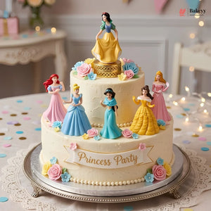 Cake with princess figurines and 'Princess Party' decoration on a decorative stand.