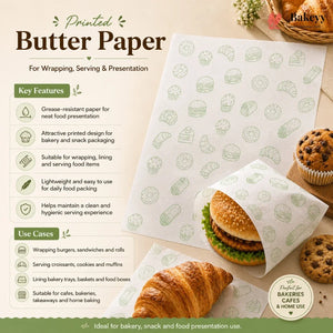 Butter paper wrapping sheets with a light green bakery-themed printed pattern, shown wrapped around a burger and muffin, with text callouts and product details on a beige background.