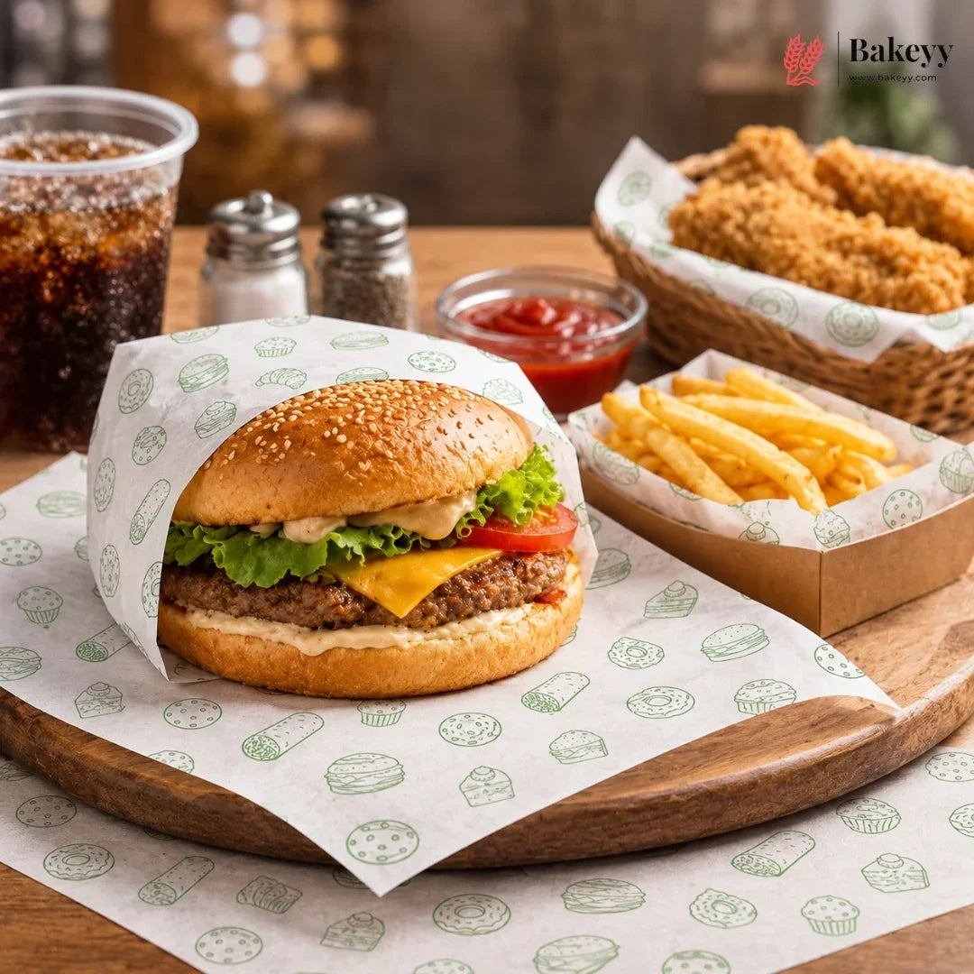 A gourmet burger wrapped in branded paper, served on a wooden board with golden fries, a drink, and fried chicken in a restaurant-style setting.