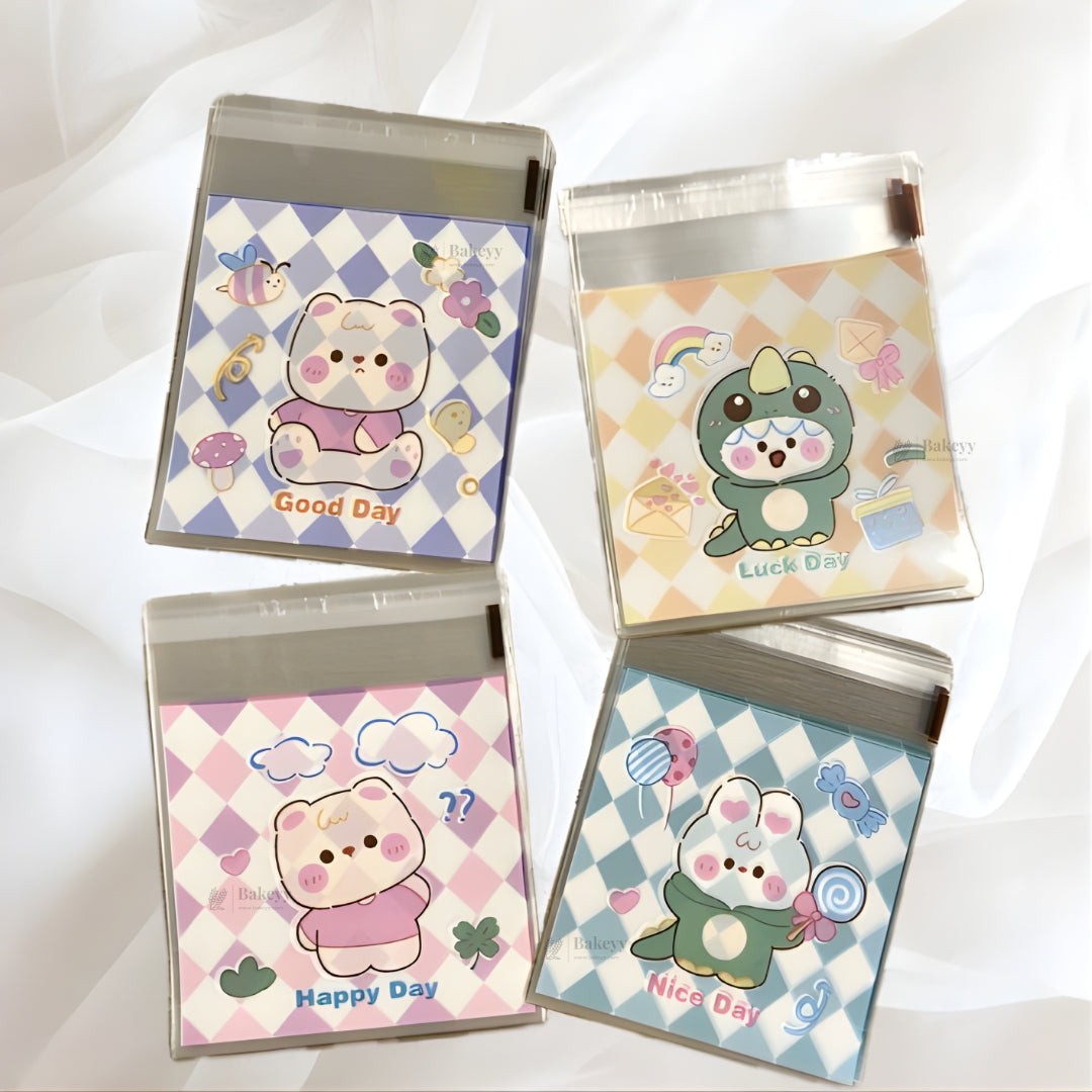 Printed Cellophane Pouch | Cute Cartoon Character Checkered Design | Pack of 100