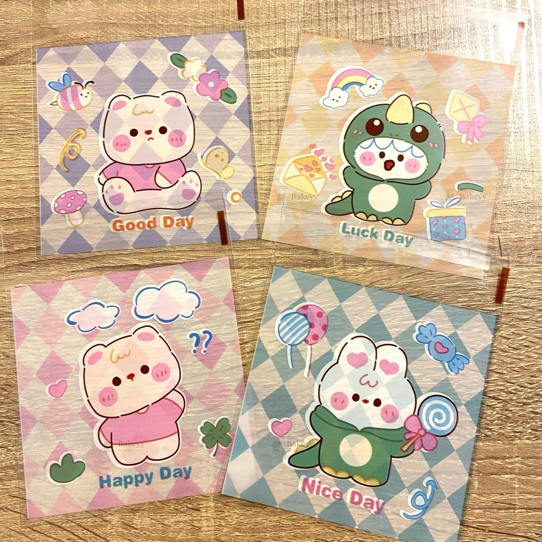 Printed Cellophane Pouch | Cute Cartoon Character Checkered Design | Pack of 100