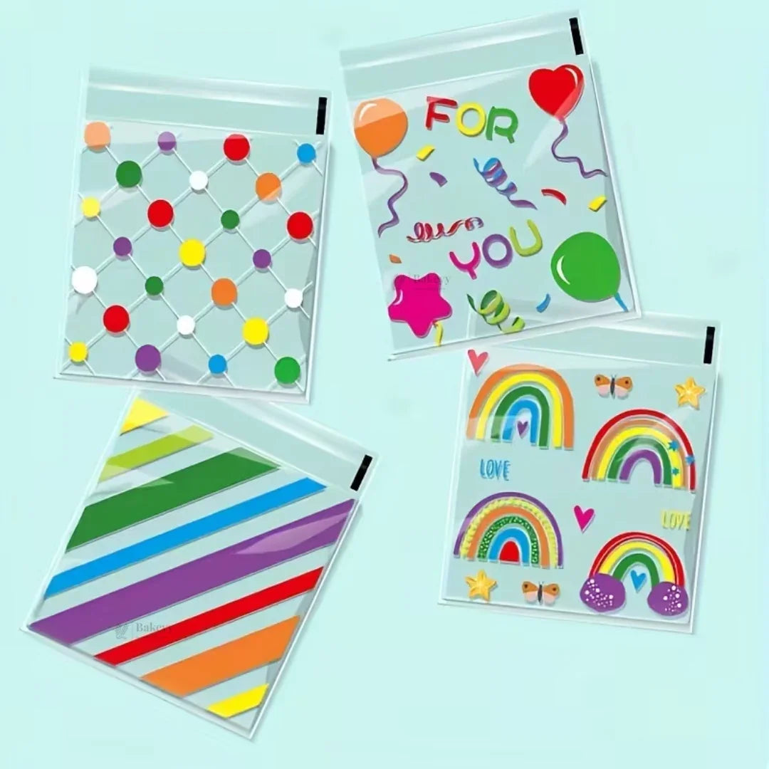 PrintedCellophanePouchRainbow_ConfettiDesignSquarePouch_1 - Bakeyy.com