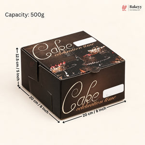 A dark brown cardboard cake box with printed 'Cake celebration time' script and dessert imagery, shown with dimension arrows and text indicating 20 cm by 20 cm by 12.5 cm (5 inches) measurements.