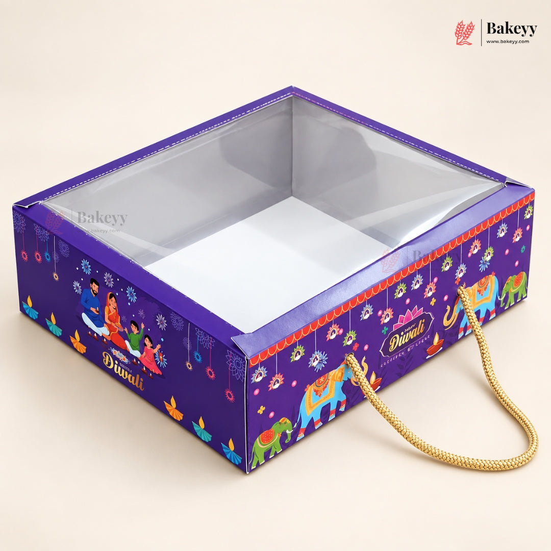 Printed Diwali Hamper Box with Transparent Lid & Handle | 2 Designs | Pack of 10
