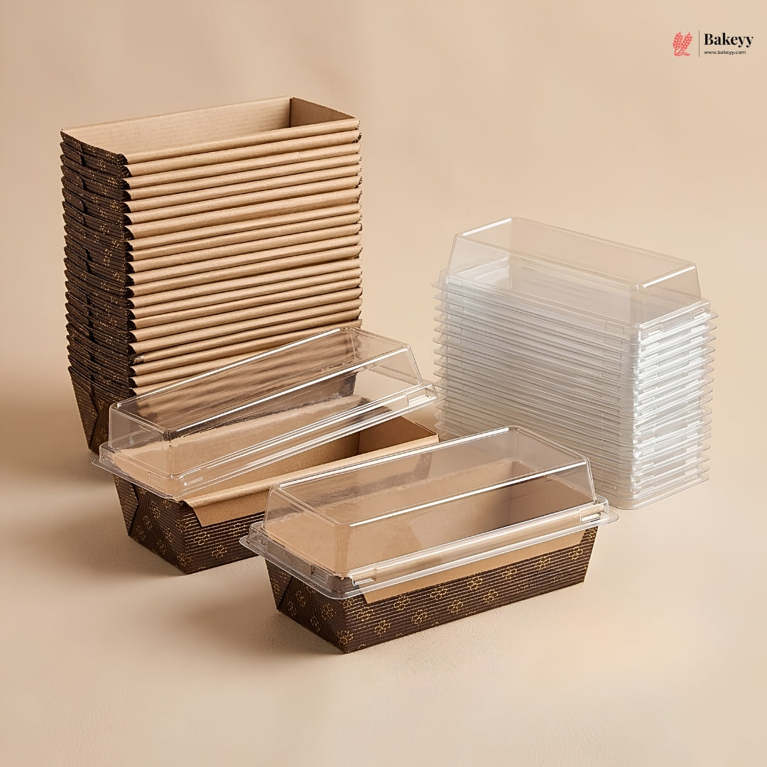 Stacks of brown cardboard boxes and clear plastic containers on a beige background, with 'Bakey' branding.