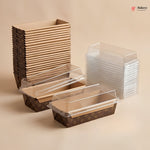 Stacks of brown cardboard boxes and clear plastic containers on a beige background, with 'Bakey' branding.