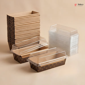Stacks of brown cardboard boxes and clear plastic containers on a beige background, with 'Bakey' branding.