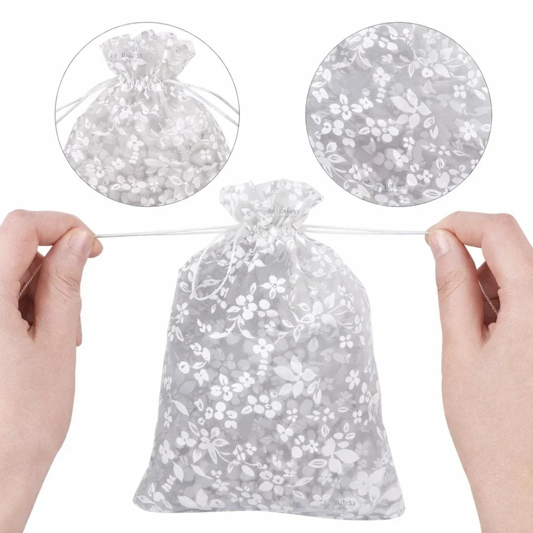 Printed Organza Potli Bags | Silver Color - Bakeyy.com - India - Printed Organza Potli Bags | Silver Color - 5 x 8 cm | Pack of 80 250.00