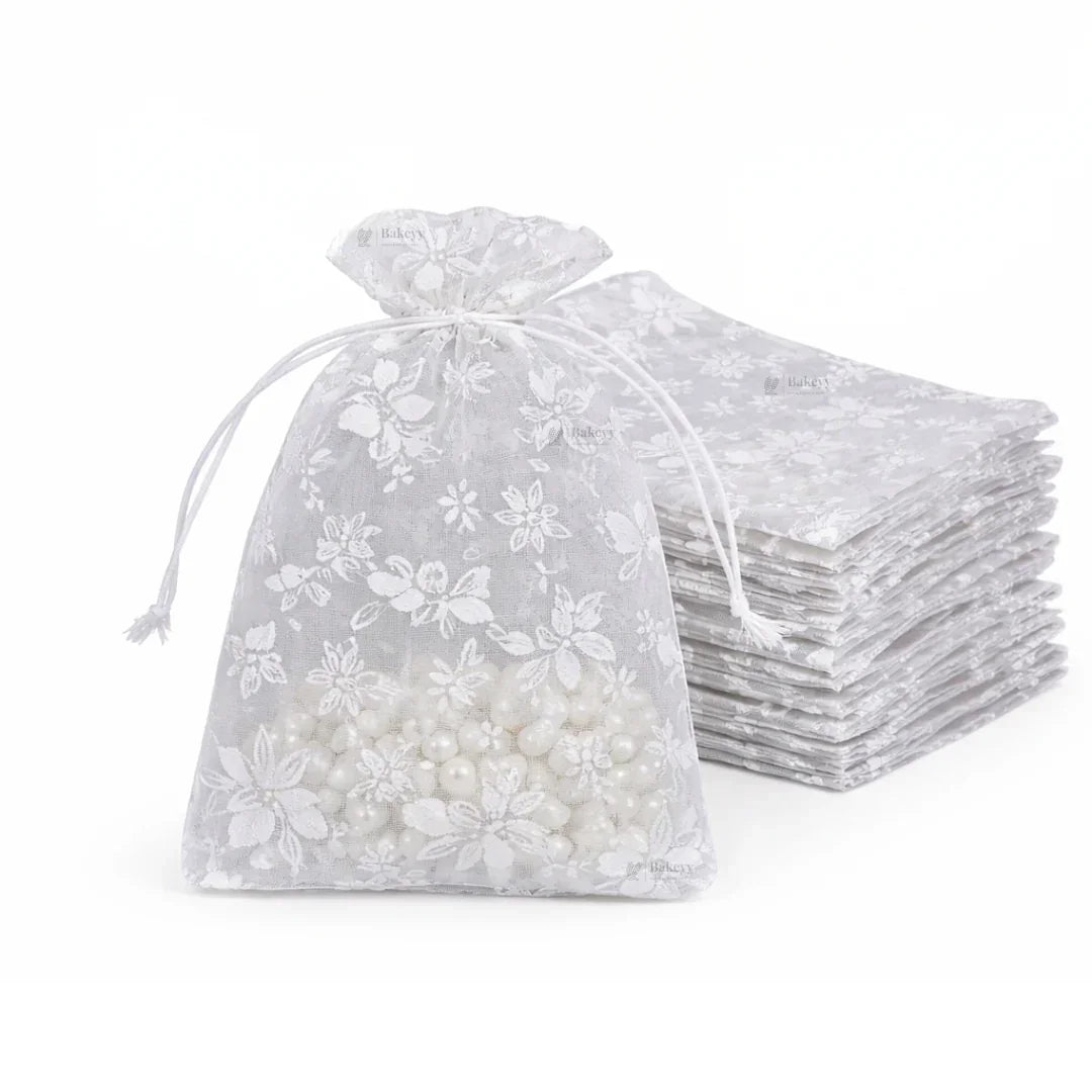 Printed Organza Potli Bags | Silver Color - Bakeyy.com - India - Printed Organza Potli Bags | Silver Color - 5 x 8 cm | Pack of 80 250.00