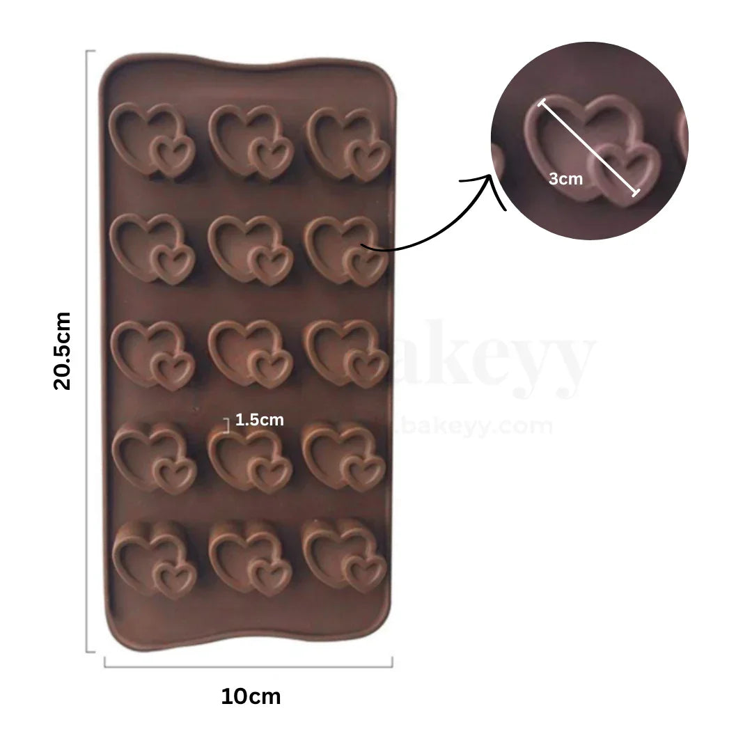 15-Cavity | Double Heart Shaped Silicone Chocolate Mould | Non-Stick Baking & Candy Making Tray | 1 Piece