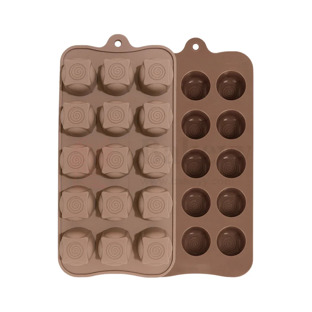 15-Cavity | Round Shaped Swirl Design Silicone Chocolate Mould | Non-Stick Baking & Candy Making Tray | 1 Piece