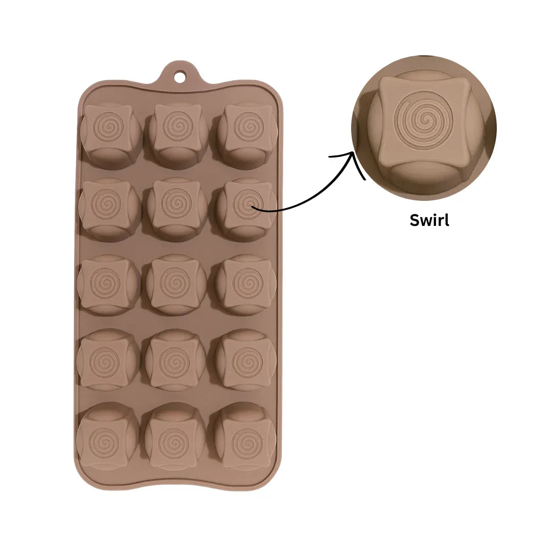 15-Cavity | Round Shaped Swirl Design Silicone Chocolate Mould | Non-Stick Baking & Candy Making Tray | 1 Piece