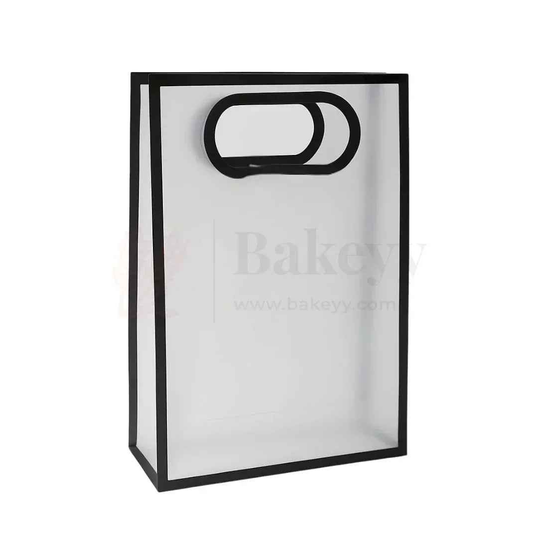 Transparent Gift Bag - Black | Oval‑Cut Handle| Pack Of 12 - Bakeyy.com - India - Transparent Gift Bag - Black | Oval‑Cut Handle| Pack Of 12 - 26x18x8 Cm