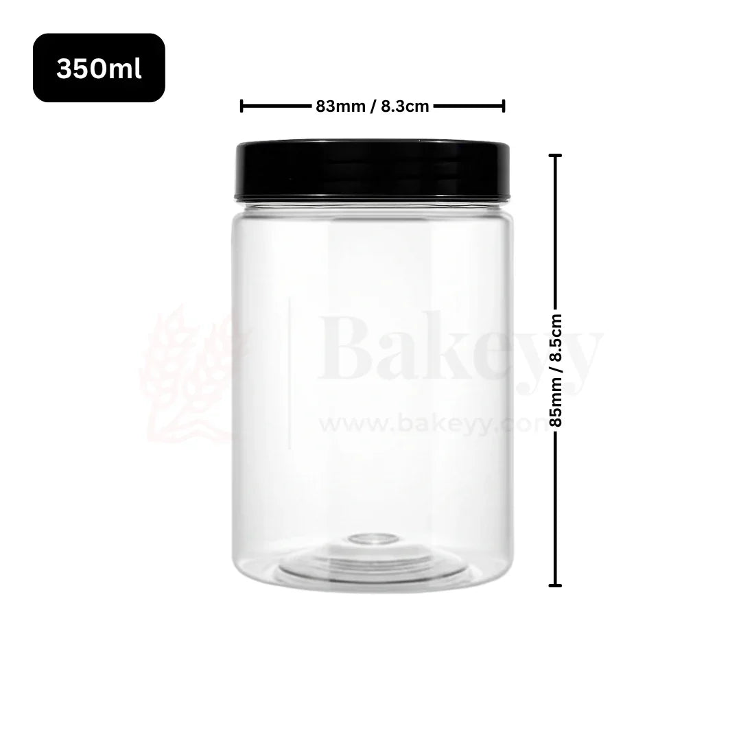 83mm | 350ml Round PET Jar | Transparent Storage Jar with Black Cap | Pack of 10