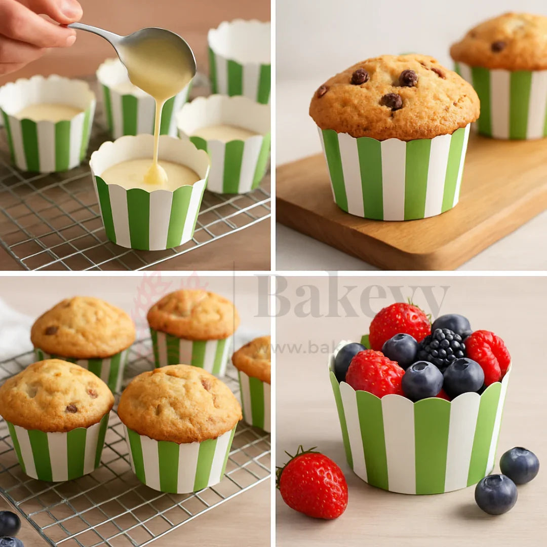 6 cm | Green & White Stripes Muffin Cup | Pack of 50