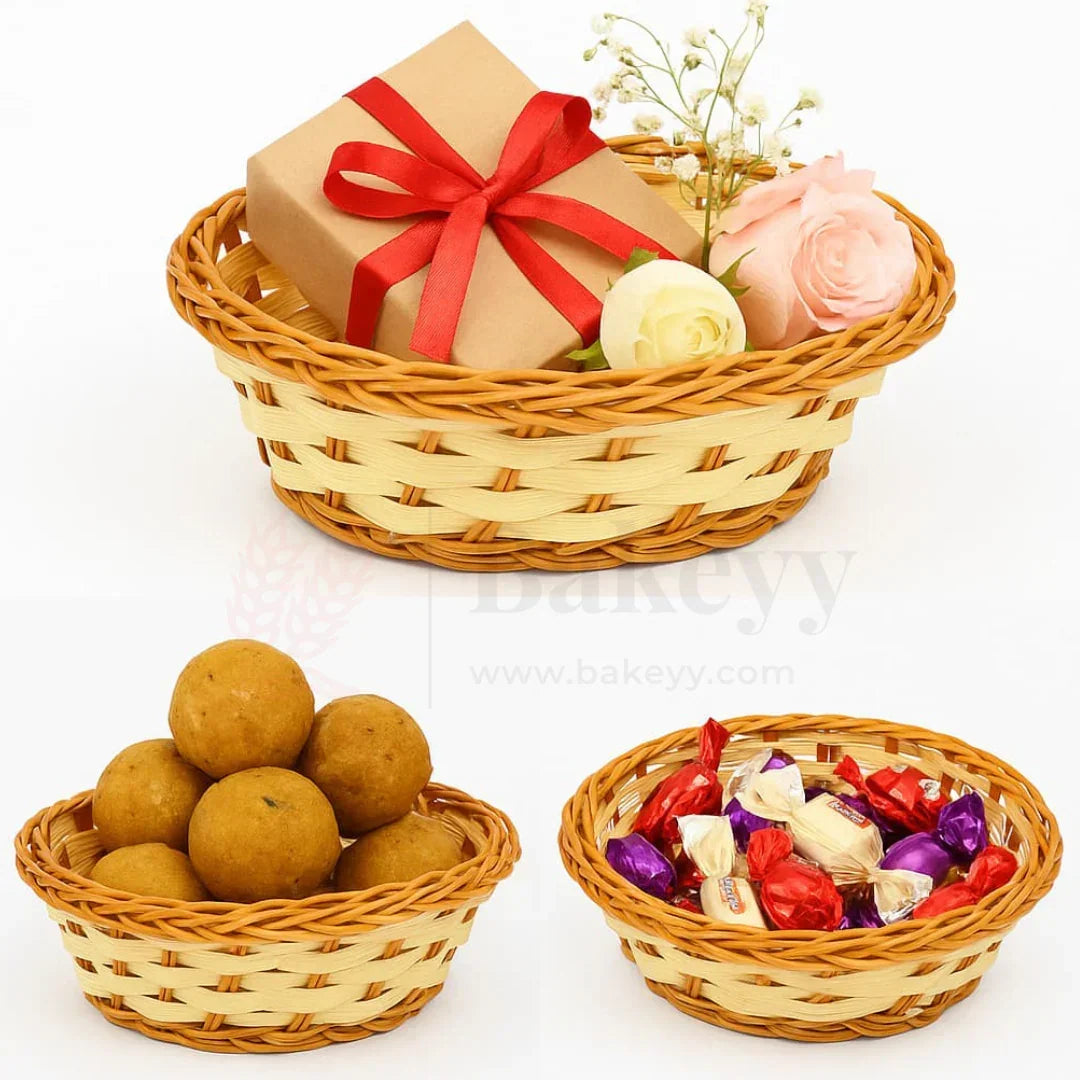 Round Handwoven Wicker Basket | Elegant & Durable Storage Solution | 1 Piece - Bakeyy.com - India - Round Handwoven Wicker Basket | Elegant & Durable Storage Solution | 1 Piece - Small