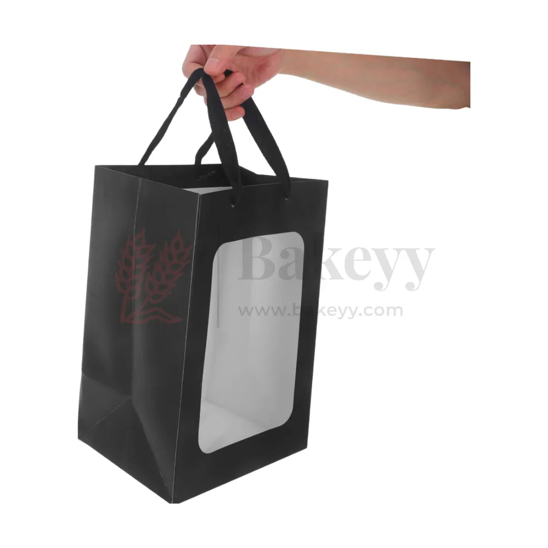 18x13x25cm | Luxury Black Paper Gift Bags with Transparent Window & Rope Handles | Pack Of 12 - Bakeyy.com - India - 18x13x25cm | Luxury Black Paper Gift Bags with Transparent Window & Rope Handles | Pack Of 12 - Default Title