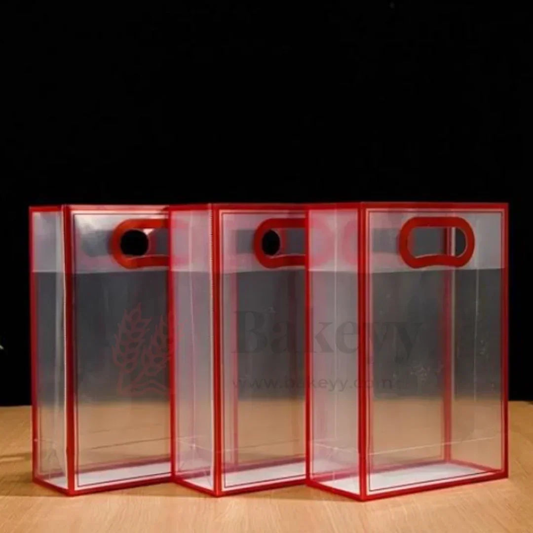 Transparent Gift Bag - Maroon | Oval‑Cut Handle| Pack Of 12 - Bakeyy.com - India - Transparent Gift Bag - Maroon | Oval‑Cut Handle| Pack Of 12 - 26x18x8 Cm