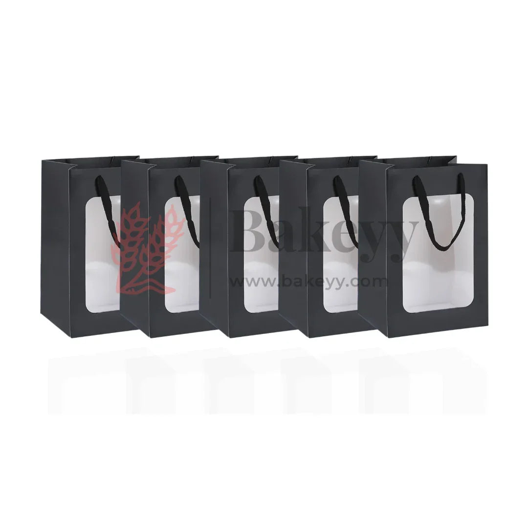 18x13x25cm | Luxury Black Paper Gift Bags with Transparent Window & Rope Handles | Pack Of 12 - Bakeyy.com - India - 18x13x25cm | Luxury Black Paper Gift Bags with Transparent Window & Rope Handles | Pack Of 12 - Default Title