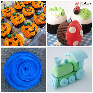 A 2x2 collage showing four different baked goods and decorations: orange pumpkin cupcakes, decorated cupcakes with a ladybug topper, a blue spiral fondant rose, and a mint green and light blue train cake topper.